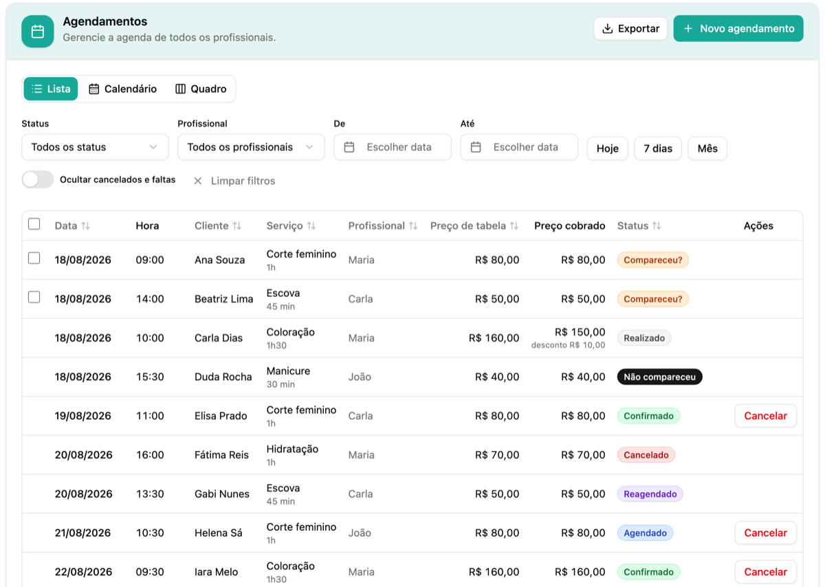 Tela real da agenda do painel visse.ai em lista, com filtros por status e profissional, preços e situação de cada agendamento